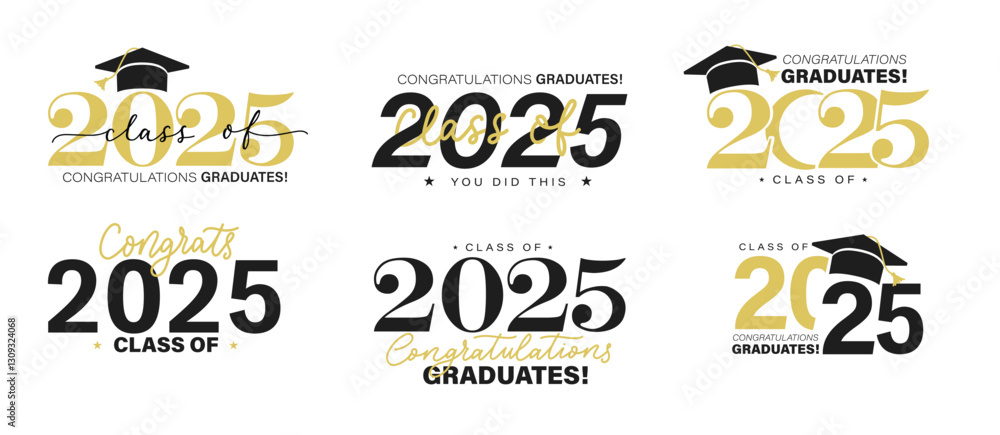 Fototapeta premium Class of 2025 vector badges set.Congrats graduates concept. Black, gold and white graduation logo collection.Stock vector illustration for shirts,prints,cards,invitations,seal or stamp.Grad labels set