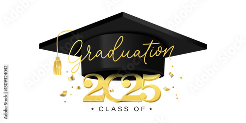Congrats Graduates vector concept.Class of 2025 design for graduation ceremony invitation, party, high school or college yearbook. Gold typography letters, flying confetti and academic cap on white