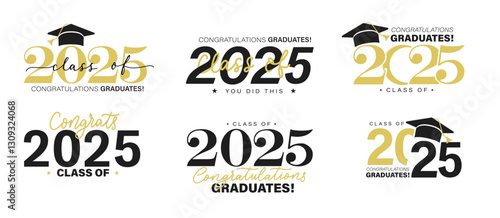 Class of 2025 vector badges set.Congrats graduates concept. Black, gold and white graduation logo collection.Stock vector illustration for shirts,prints,cards,invitations,seal or stamp.Grad labels set