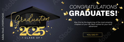 Congratulations graduates elegant banner or greeting card with gold confetti, lettering, graduation cap and diploma scroll. Graduation design for party, yearbook. Class of 2025 vector illustration.