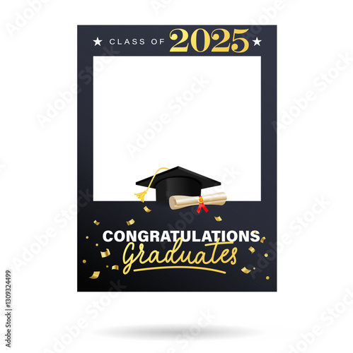 Class of 2025 black and gold design template for graduation photo booth props. Congratulations graduates frame for selfie. Realistic Vector illustration for high school or university grad ceremony.