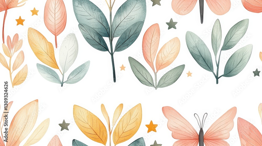 Obraz premium Serene Floral Pattern with Butterflies and Leaves in Soft Pastel Colors for Elegant Designs