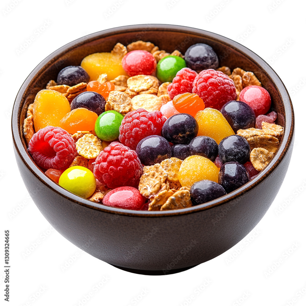 A Bowl of Cereal with Various Fruits and Candies. A Bowl of Cereal with Various Fruits and Candies.