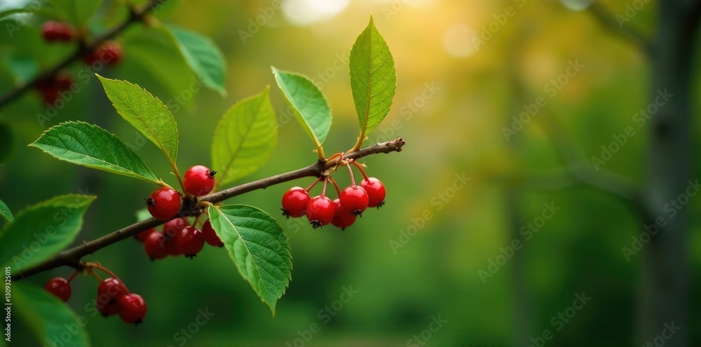 Lingonberry cowberry tree branch with berries, green leaves, forest landscape, autumn Lingonberry cowberry tree branch with berries, green leaves, forest landscape, autumn