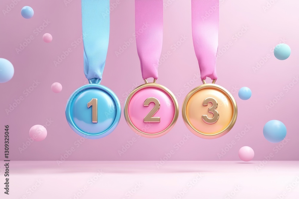 Three award medals presented with floating colorful sphere shapes Three award medals presented with floating colorful sphere shapes