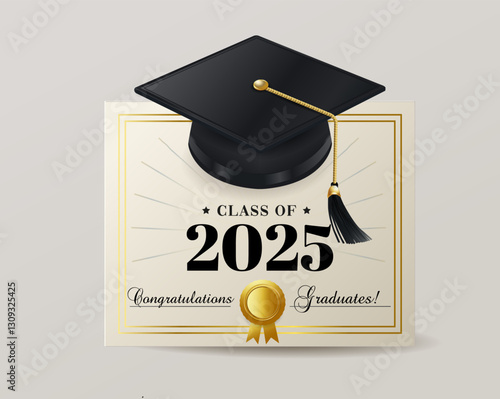 Graduation cap and diploma certificate design for class of 2025 with celebratory elements and elegant color scheme. Class of 2025 vector illustration design template. Congratulations graduates design.