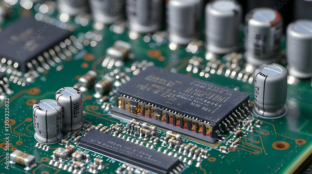 Green Circuit Board With Multiple Electronic Components In Close Up View Green Circuit Board With Multiple Electronic Components In Close Up View