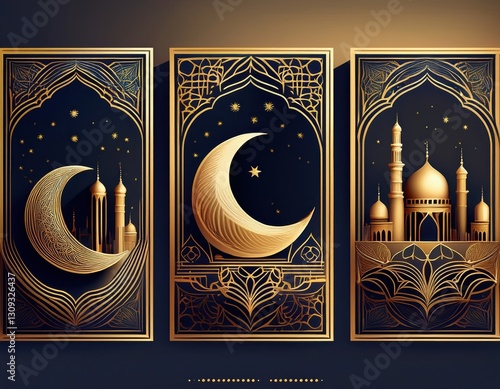 Islamic-themed digital artwork with crescent moon, mosque, and calligraphy