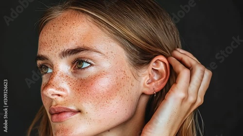 Wallpaper Mural Close-up portrait of a young woman with freckles and blonde hair, touching her ear.  Beautiful, natural look. Torontodigital.ca