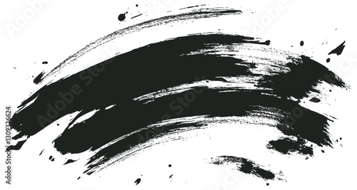 Vector illustration of a dynamic black brush stroke with splatter effect. The expressive ink mark shows movement and texture with varied opacity, creating an artistic grunge element 