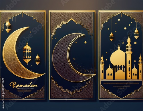 Islamic-themed digital artwork with crescent moon, mosque, and calligraphy