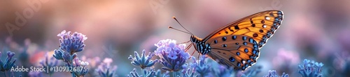 Beautiful butterfly perched on lavender flowers with vibrant wings in a soft natural setting. Generative AI