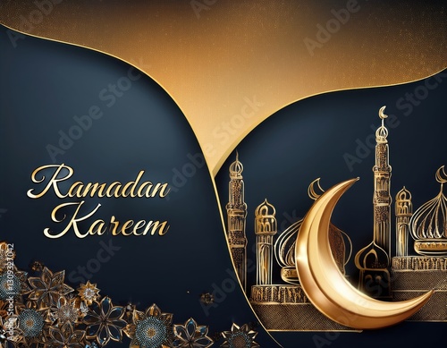 Islamic-themed digital artwork with crescent moon, mosque, and calligraphy