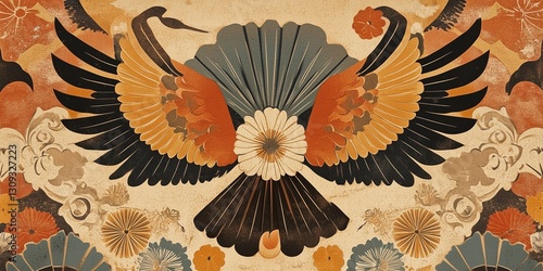 Majestic crane with outstretched wings surrounded by vibrant flowers and fans on a textured beige canvas