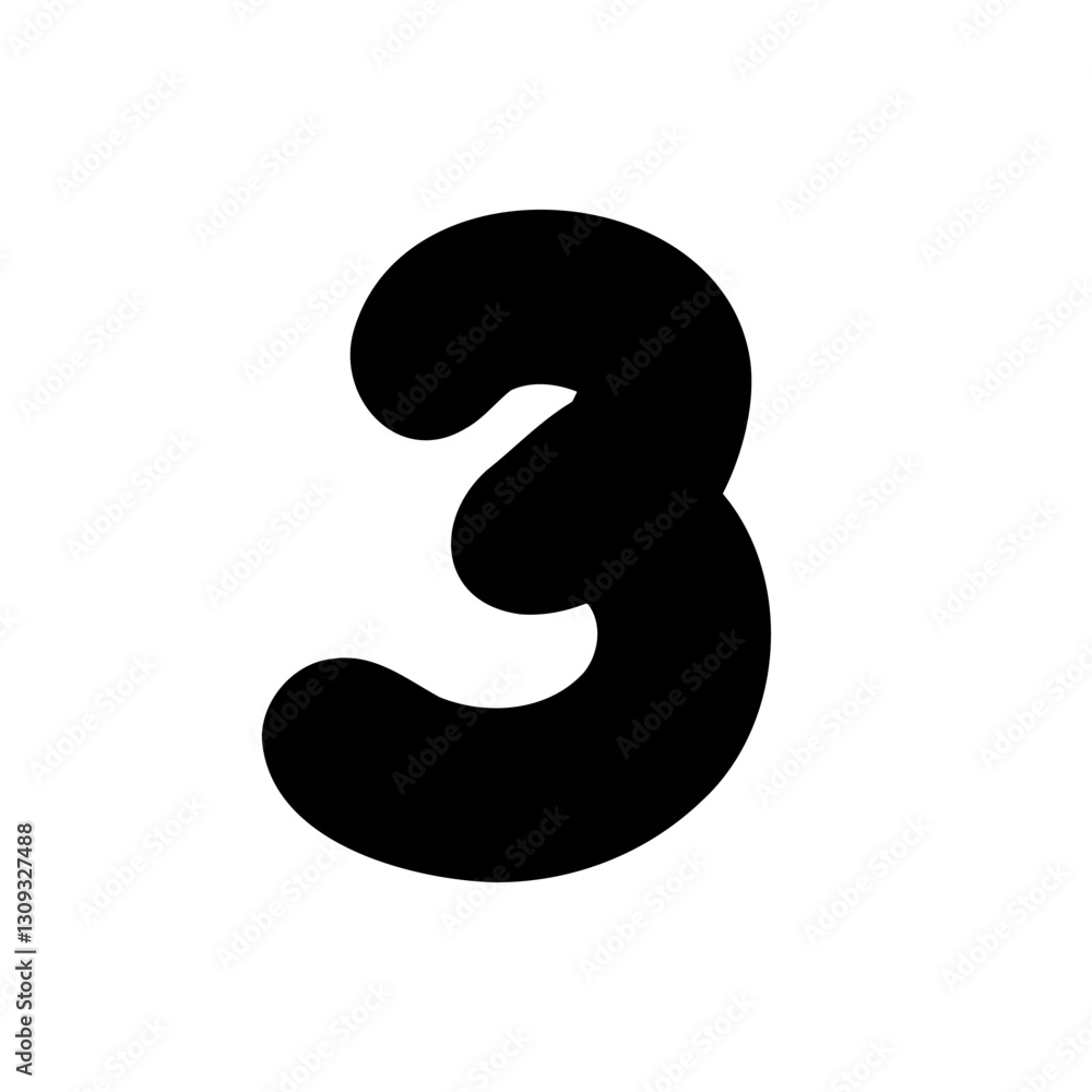 Bold digit number three 3. Black font symbol in hand drawn doodle style. Vector illustration isolated on white background. For menu, presentation, branding, font, education, math. Bold digit number three 3. Black font symbol in hand drawn doodle style. Vector illustration isolated on white background. For menu, presentation, branding, font, education, math.