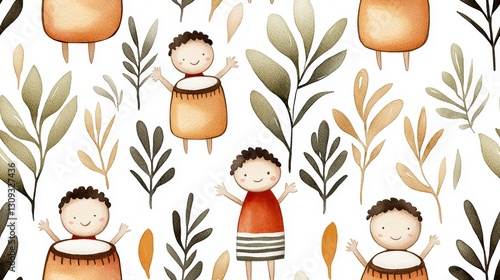 Cheerful Hand-Drawn Characters Surrounded by Foliage in Earthy Tones for Playful and Whimsical Designs