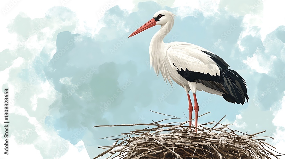 Fototapeta premium White stork standing in nest against soft blue sky.