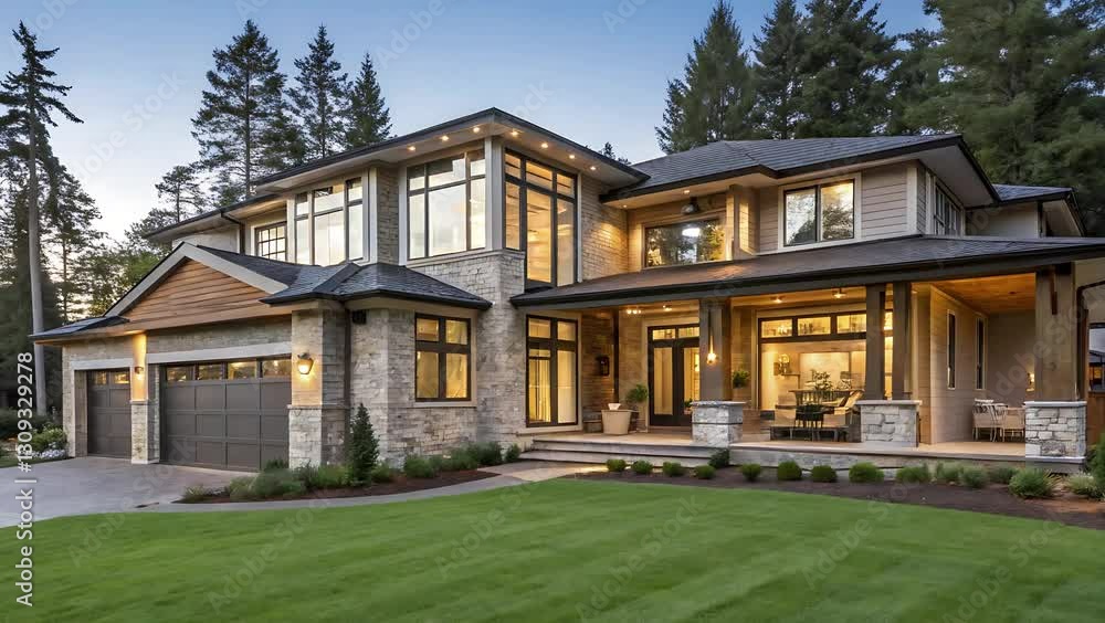 Modern Two-Story House with Stone and Wood Exterior and Large Windows Modern Two-Story House with Stone and Wood Exterior and Large Windows
