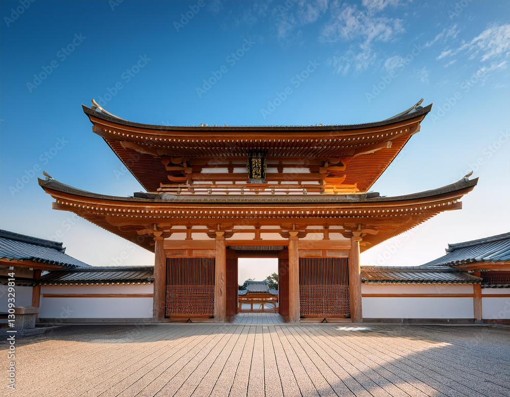 The architectural beauty of a Japanese temple gate with intricate woodwork against a clear sky The architectural beauty of a Japanese temple gate with intricate woodwork against a clear sky