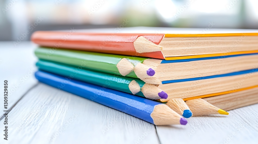 Fototapeta premium Colorful Pencils Stacked on Multicolored Books Back to School Supplies