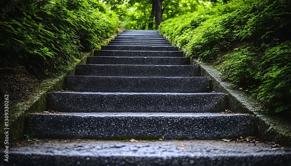 Stone steps leading upward through lush greenery. Stone steps leading upward through lush greenery.