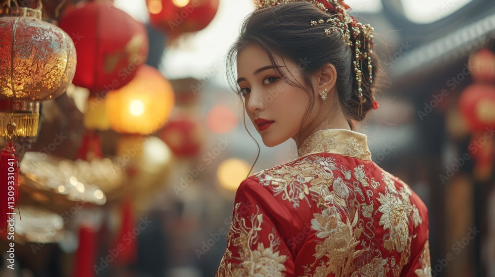 Portrait of a Young Woman in a Red and Gold Traditional Chinese Dress Portrait of a Young Woman in a Red and Gold Traditional Chinese Dress