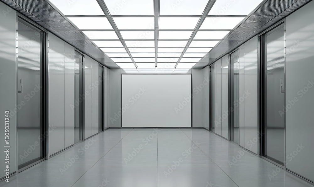 A blank soundproof panel mockup set up along the walls of a state-of-the-art corporate meeting room. A blank soundproof panel mockup set up along the walls of a state-of-the-art corporate meeting room.