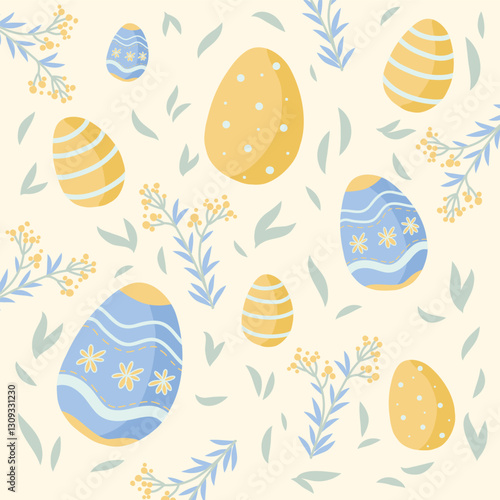 Elegant seamless Easter background with pastel blue and gold eggs adorned with subtle floral accents and fine branches, ideal for invitations, wrapping paper, and holiday designs.