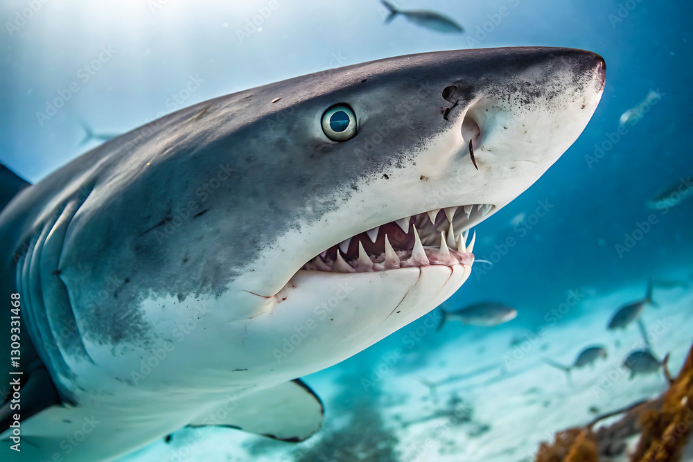 The Fierce Expression of a Shark Swimming in Its Underwater Realm The Fierce Expression of a Shark Swimming in Its Underwater Realm