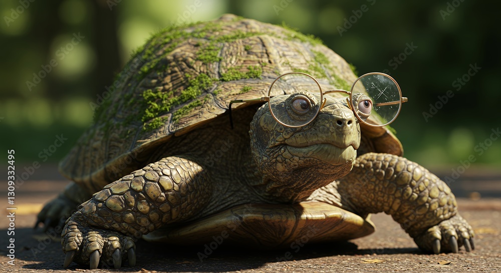 Naklejka premium Turtle Wearing Glasses Crawling on Path with Mossy Shell Closeup