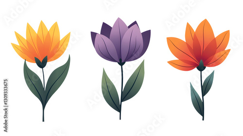 Three stylized flowers in vibrant colors, set against a black background., cut out,transparent background