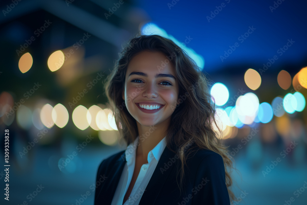Obraz premium Young smiling businessman posing confidently, dressed in modern executive clothes, on a technological city background with an illuminated office building.