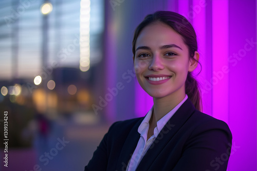 Wallpaper Mural Young smiling businessman posing confidently, dressed in modern executive clothes, on a technological city background with an illuminated office building. Torontodigital.ca