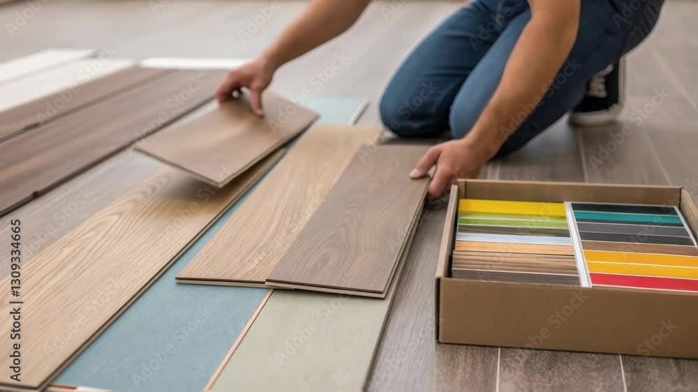 Skilled construction worker selecting wooden planks from sample box, comparing textures and colors for precise parquet flooring installation Skilled construction worker selecting wooden planks from sample box, comparing textures and colors for precise parquet flooring installation