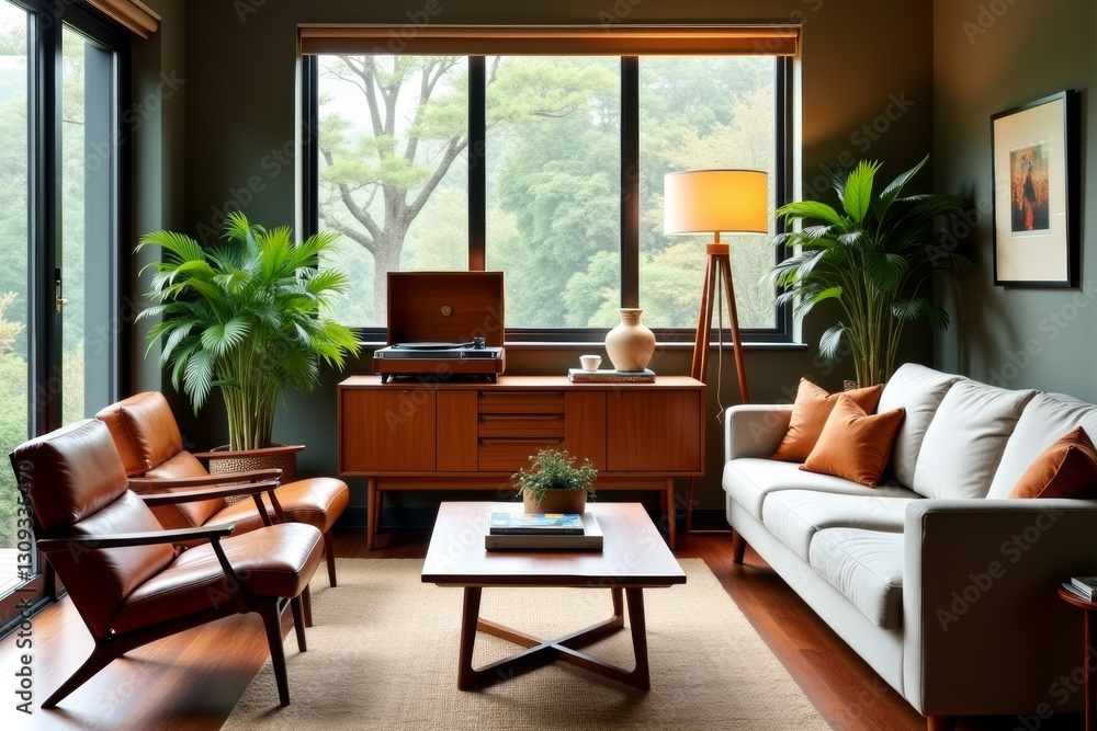 Fototapeta premium A stylish modern mid-century living room with warm tones and minimalist decor .