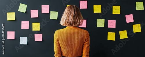 career advancement networking training, A person facing a wall covered in colorful sticky notes, deep in thought or planning.
