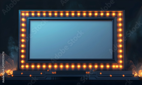 A blank movie marquee mockup designed in a minimalist style with glowing lights around its edges.