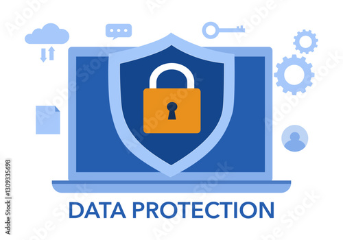 Concept is data security Access .Shield on Computer Desktop or laptop protect sensitive data. Internet security. Vector design