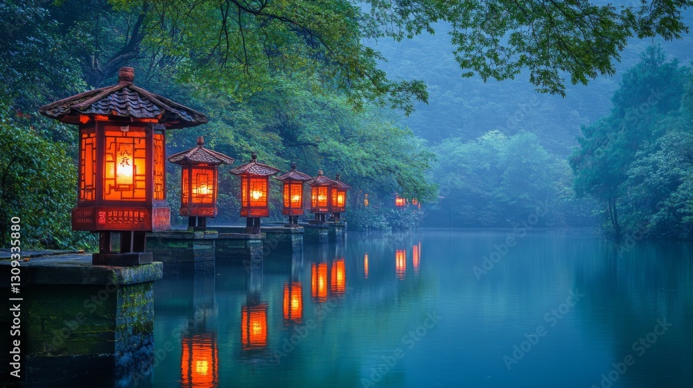 Fototapeta premium Illuminated Lanterns Line a Misty River at Night