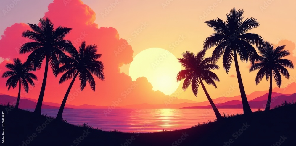 Fototapeta premium Silhouette of black palm trees, tropical line art , dark, line art