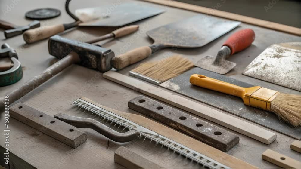 Various construction tools. Including trowels. Brushes. Hammers. And notched trowels. Are progressively placed on a workbench. Creating a visual representation of a construction project's preparation Various construction tools. Including trowels. Brushes. Hammers. And notched trowels. Are progressively placed on a workbench. Creating a visual representation of a construction project's preparation