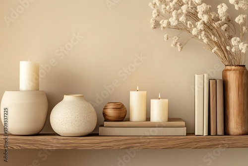 Wallpaper Mural Neutral Home Decor Shelf Arrangement with Candles and Vases Torontodigital.ca