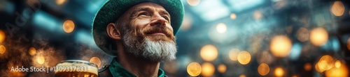 Cheerful Old Man in Green Outfit Holding a Pint of Beer at a Festive Celebration. Generative AI photo