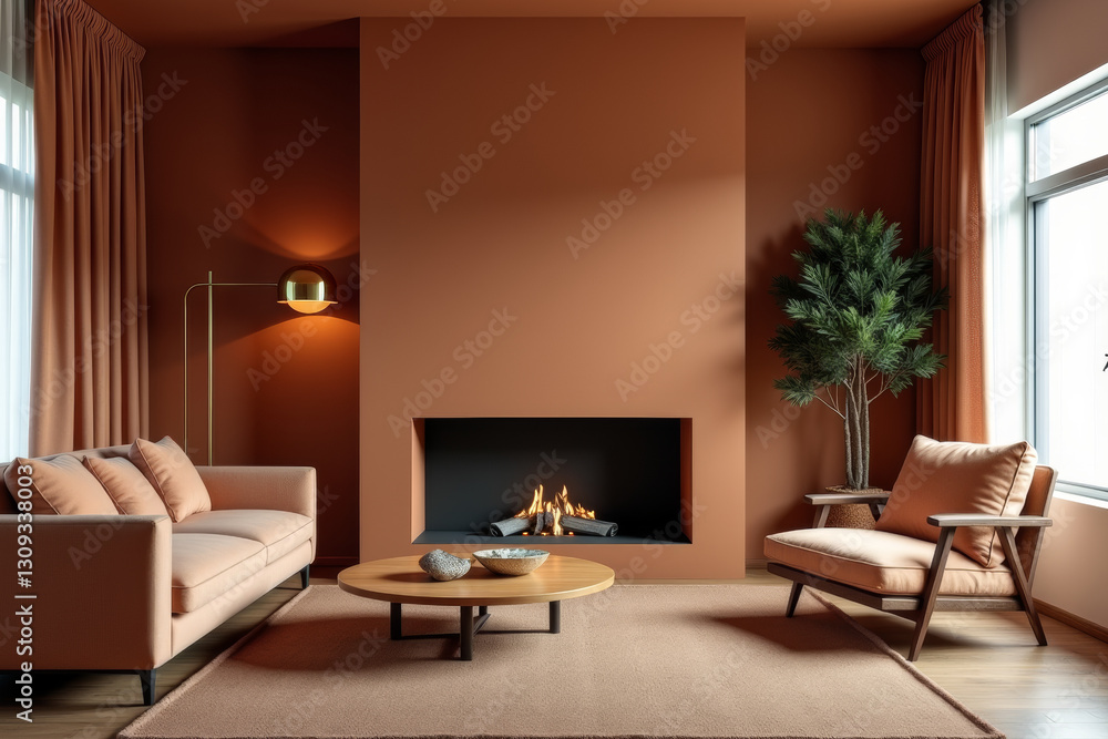 Fototapeta premium A stylish modern mid-century living room with warm tones and minimalist decor .
