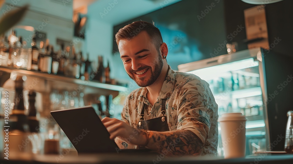 Fototapeta premium Smiling worker interacts with tablet at bar, showcasing modern work and service in a relaxed setting.