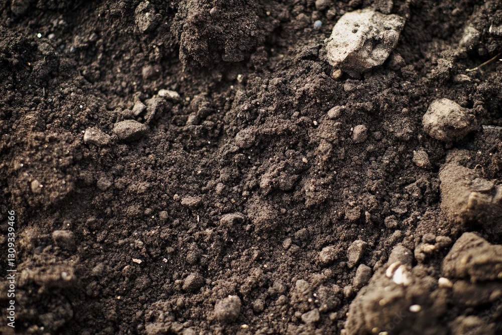 A close up view shows dark soil with small rocks A close up view shows dark soil with small rocks