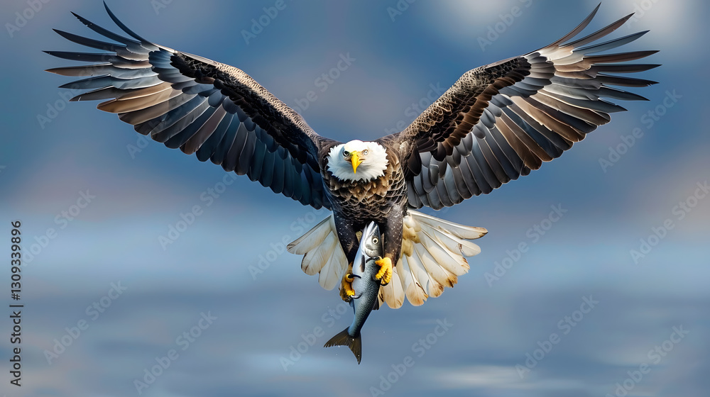 Obraz premium A bald eagle soaring through the sky with a freshly caught fish in its talons, showcasing its hunting prowess.