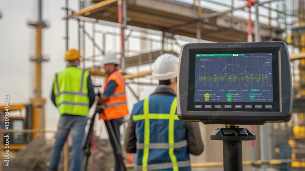 Construction engineers analyzing real time monitoring data through digital display, highlighting technological integration at modern building site