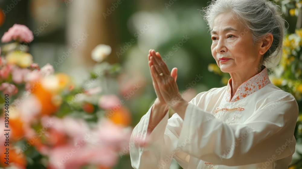 Obraz premium Elderly woman practicing mindful meditation in a vibrant garden setting
