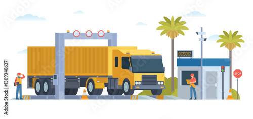 Weigh Station with Truck and Officer Inspection. Flat Vector Illustration. Weighing control platform